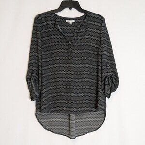 DR2 Black/Gray Zig Zag Chiffon 3/4 Sleeve Pullover Blouse Top; Size PL